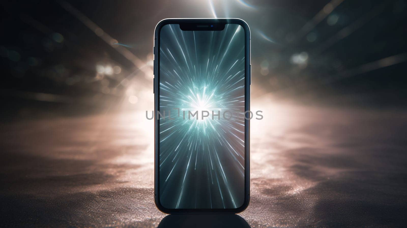 Smartphone screen: Smartphone with abstract light rays on dark background. 3D Rendering