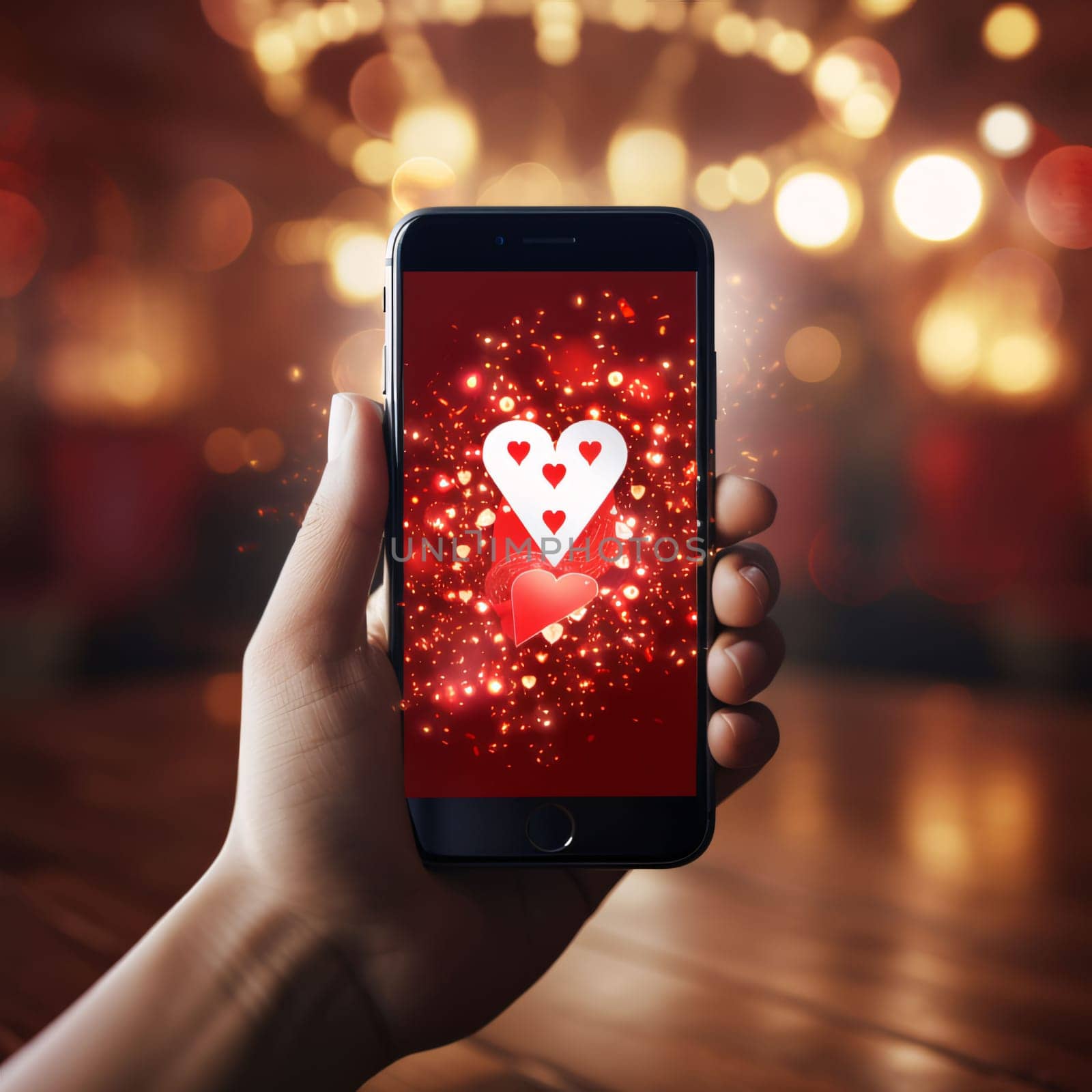 Smartphone screen: female hand holding a smart phone with a red heart on the screen