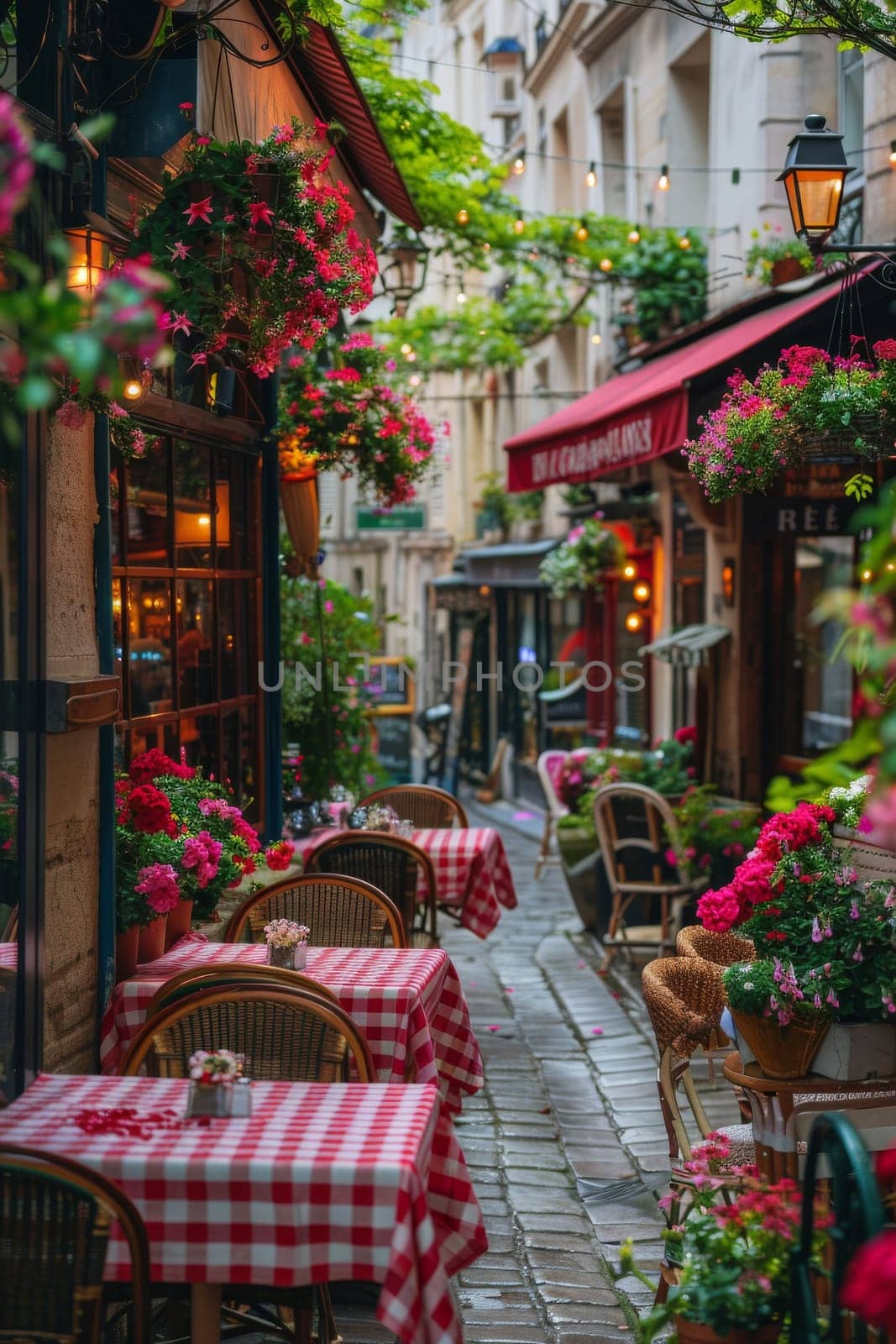 A street with a red awning and tables with red and white checkered tablecloths.