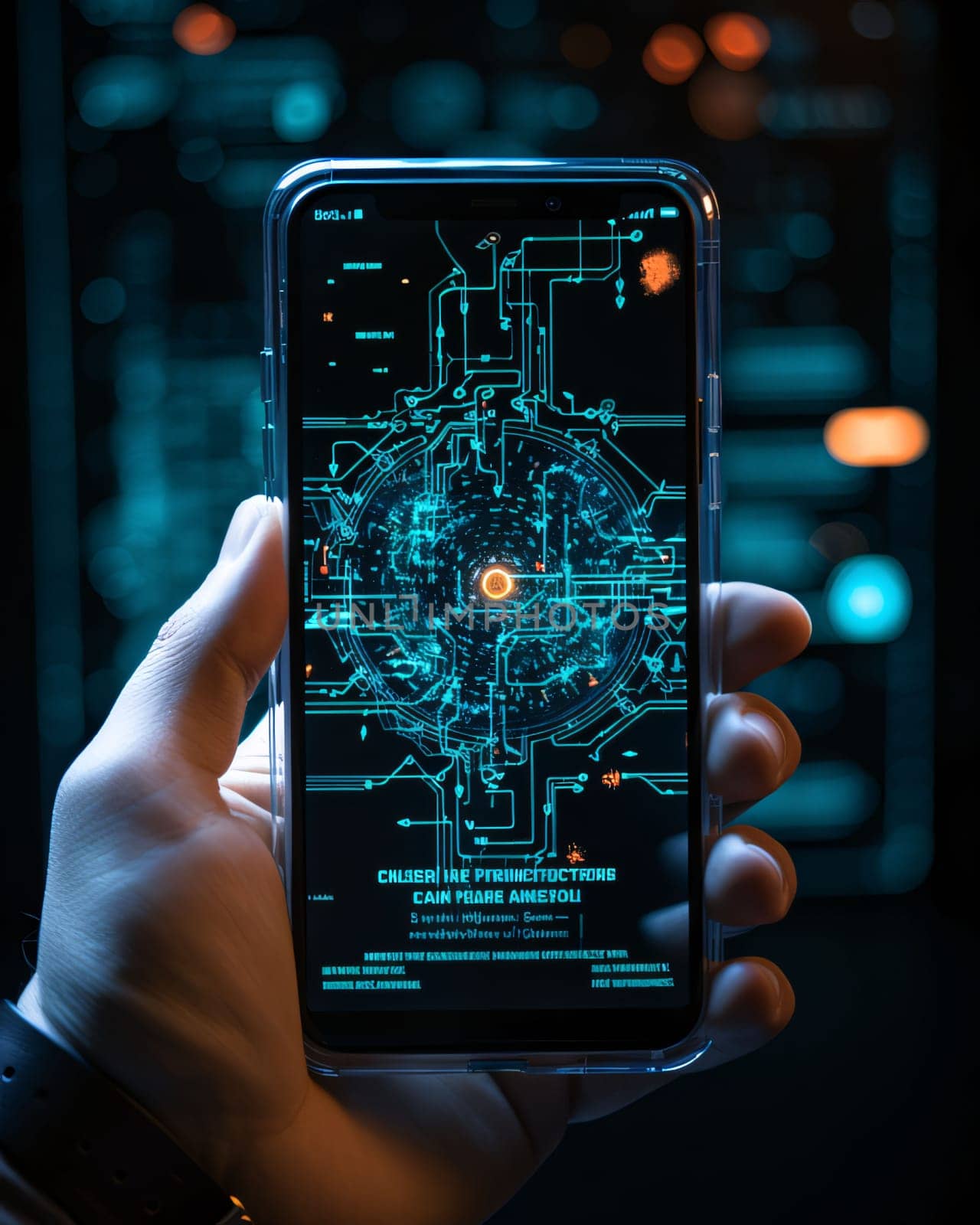 Smartphone screen: Close up of man hand holding smartphone with glowing circuit interface on screen