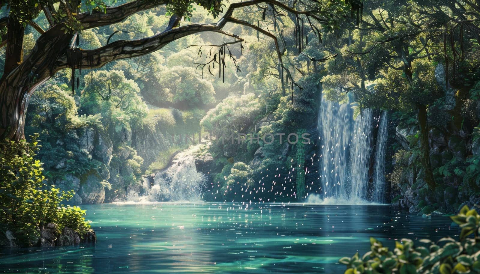 A beautiful waterfall is surrounded by lush green trees and a calm lake by AI generated image by wichayada