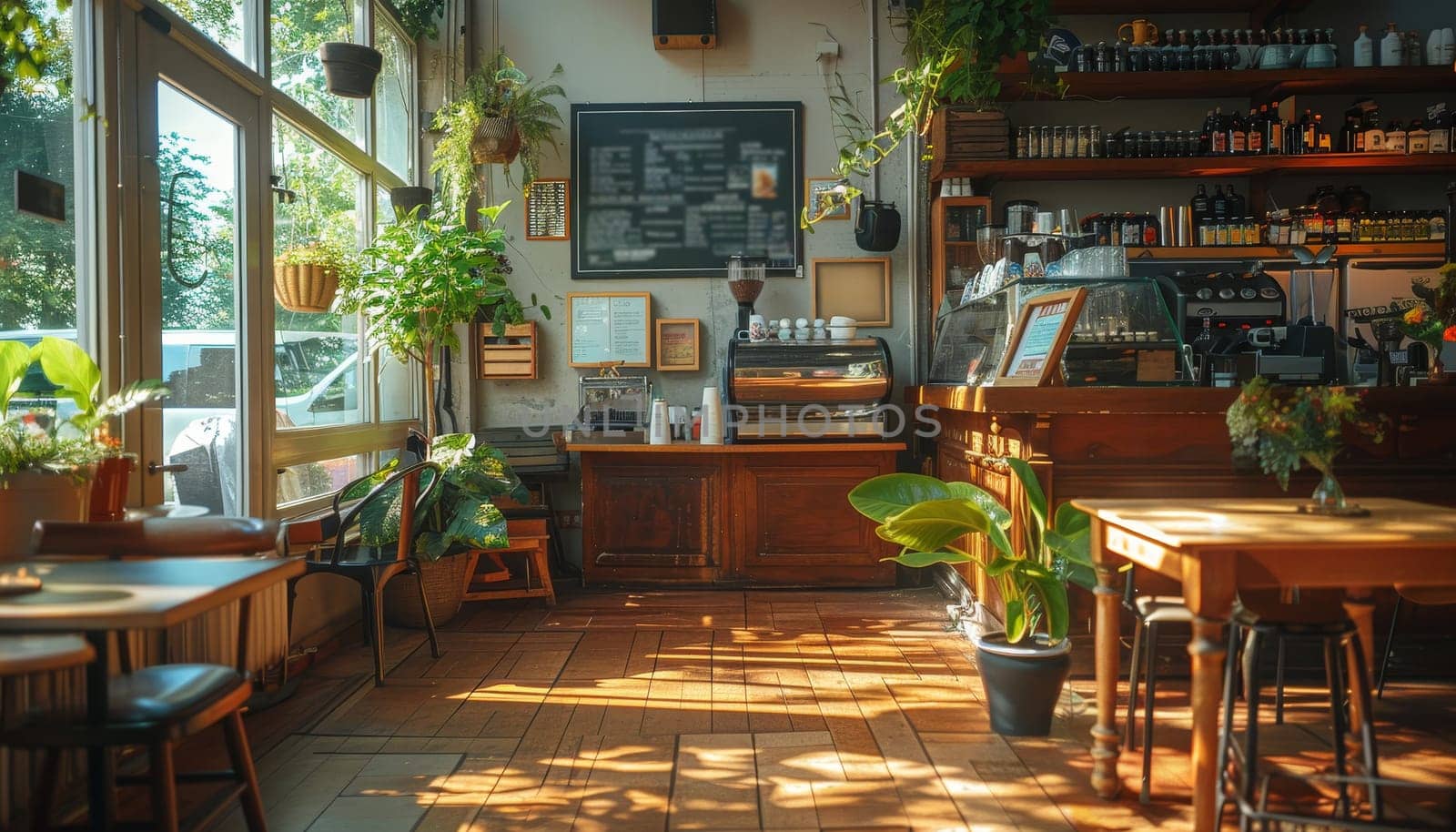 A restaurant with a lot of plants and a lot of chairs by AI generated image by wichayada