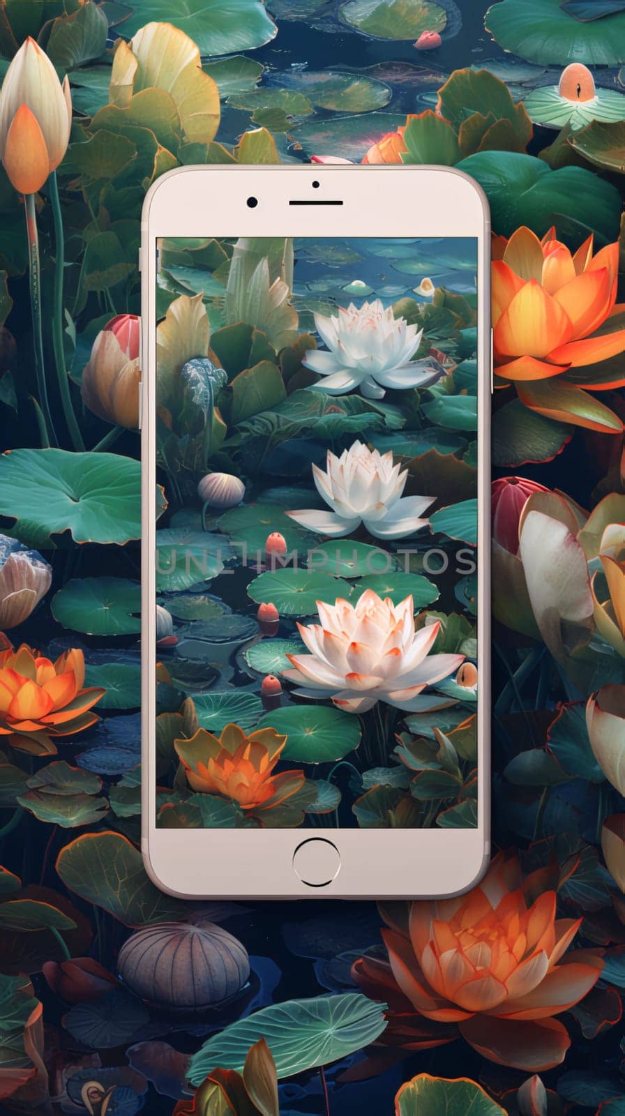 Smart phone with water lilies on the background of a pond. by ThemesS