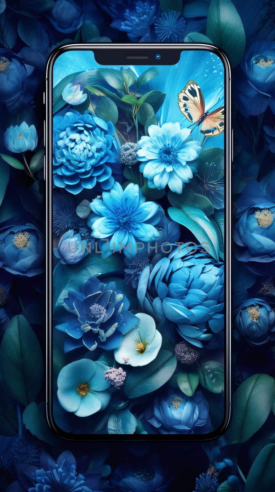 Smartphone screen: Mobile phone with blue flowers and butterflies on the screen. Floral background