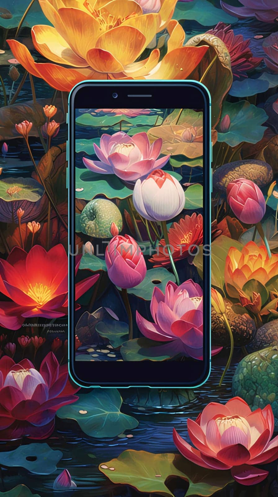 Smartphone screen: Water lilies on the background of the pond with a smartphone.