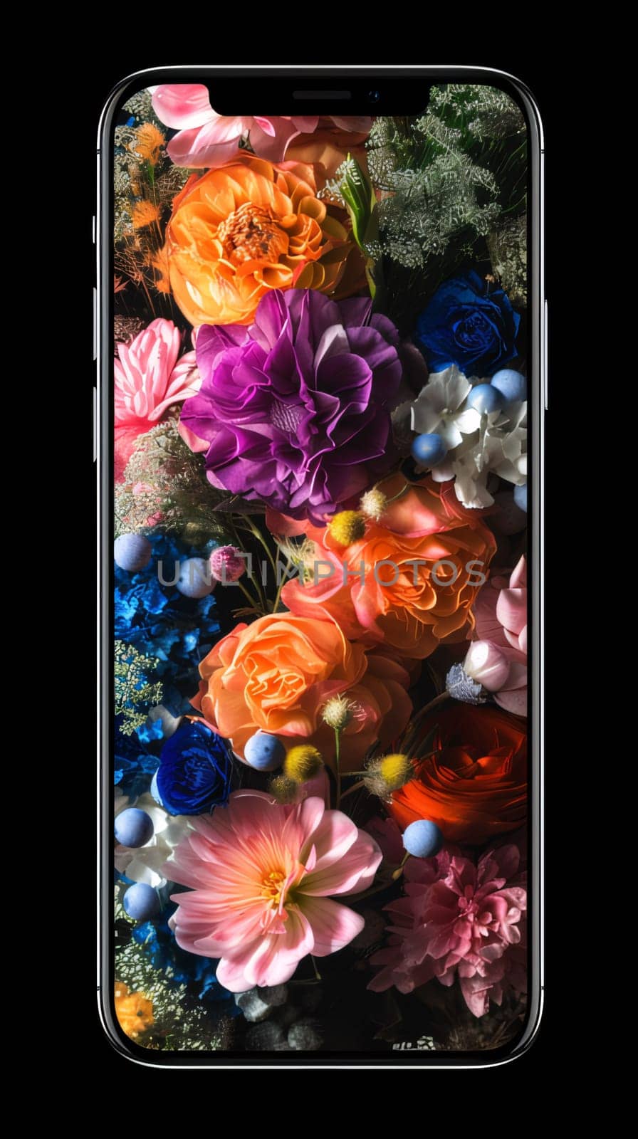Smartphone with colorful flowers isolated on black background, close-up by ThemesS