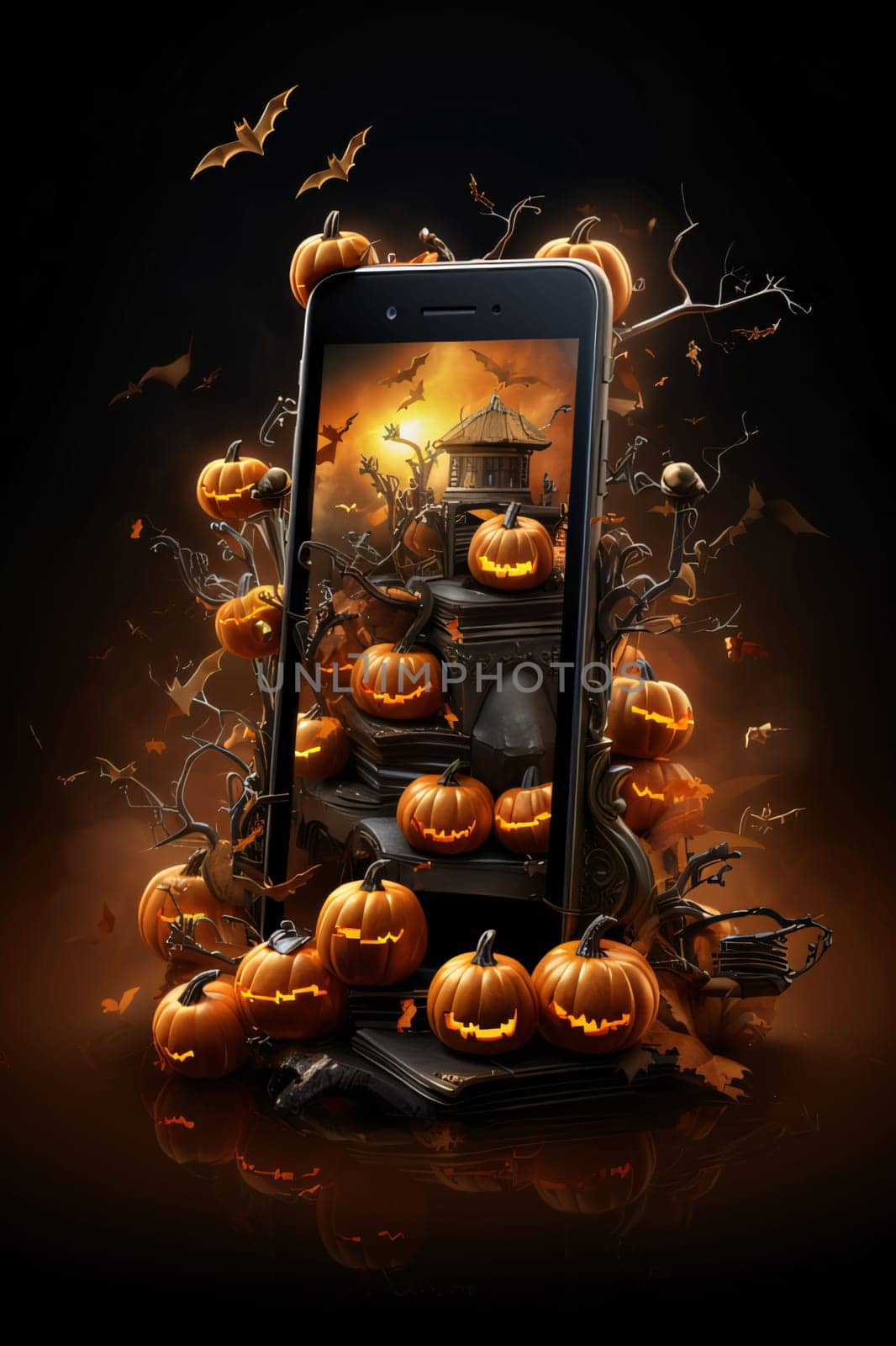 Halloween Concept with Pumpkins and Bats Emerging from Smartphone by ThemesS