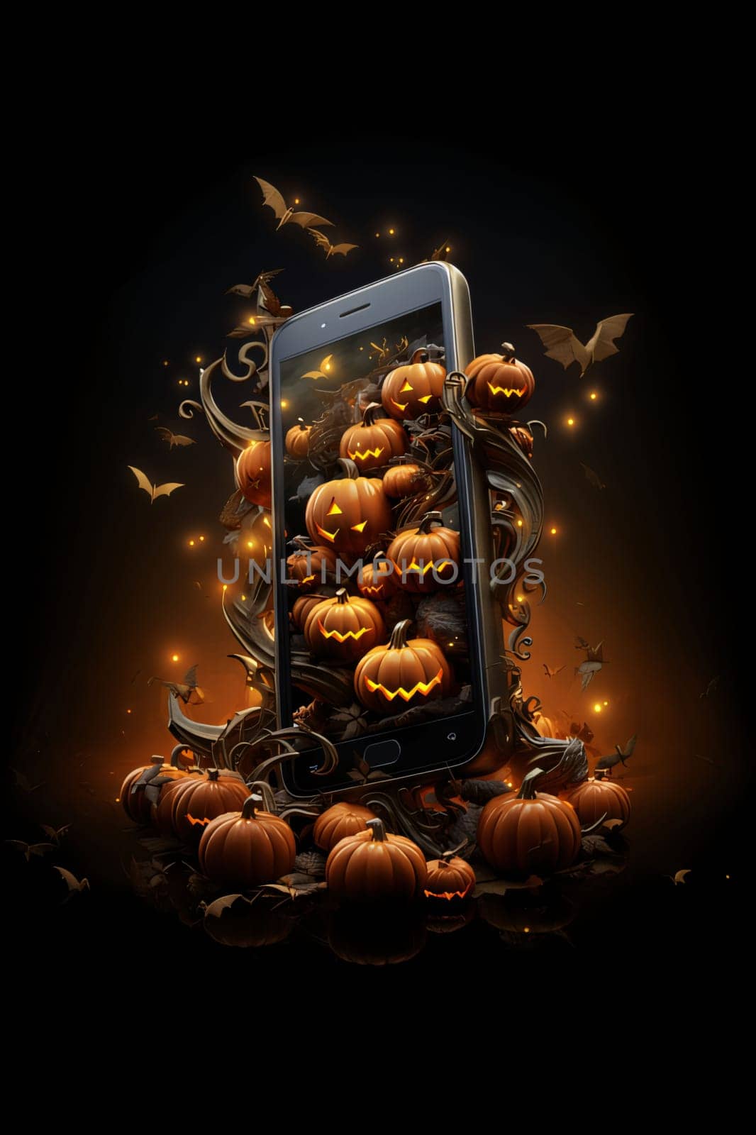 Halloween holiday background with mobile phone and pumpkins. Vector illustration. by ThemesS