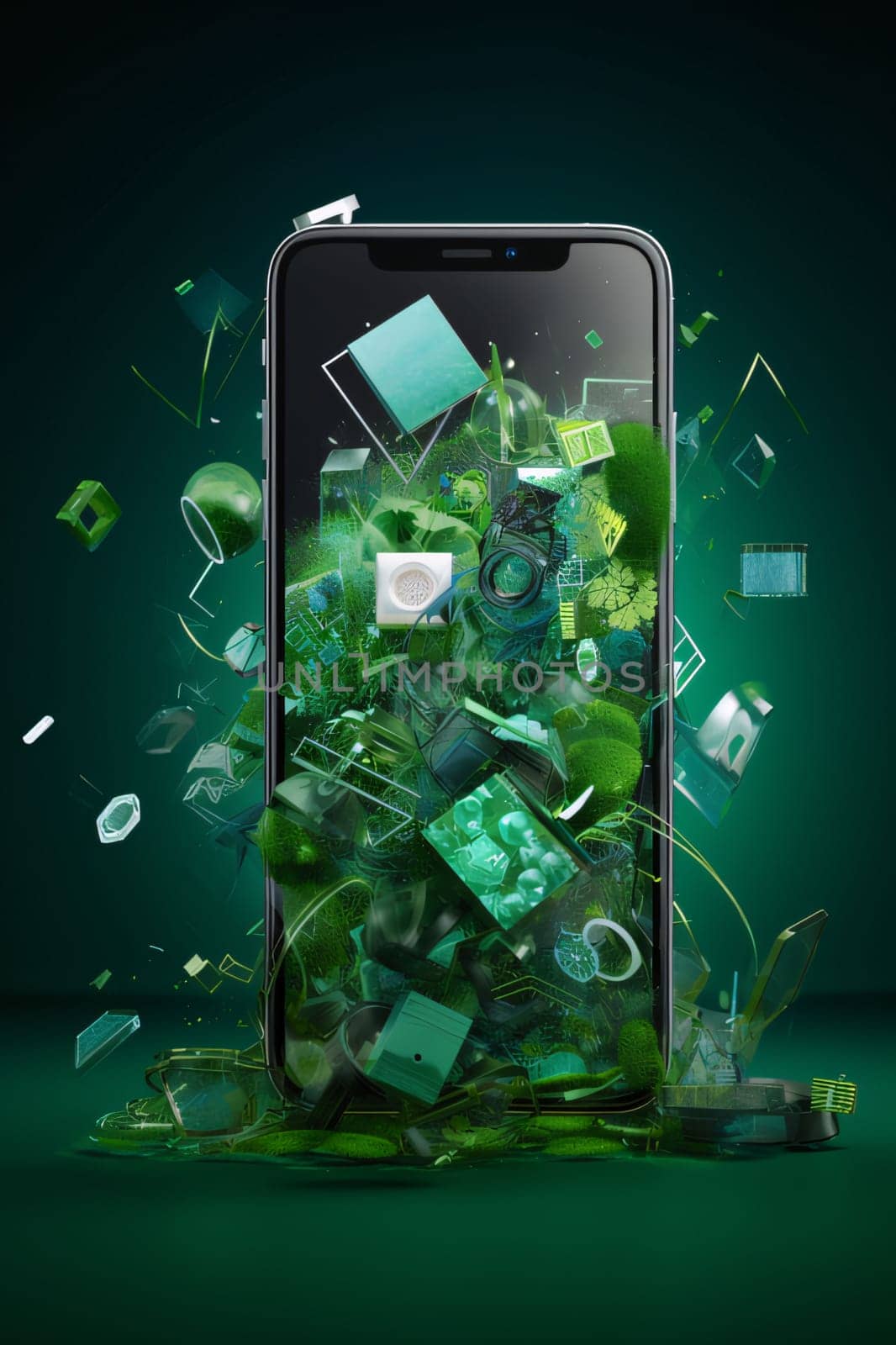 Smartphone with green application icons flying out of it. 3D rendering by ThemesS