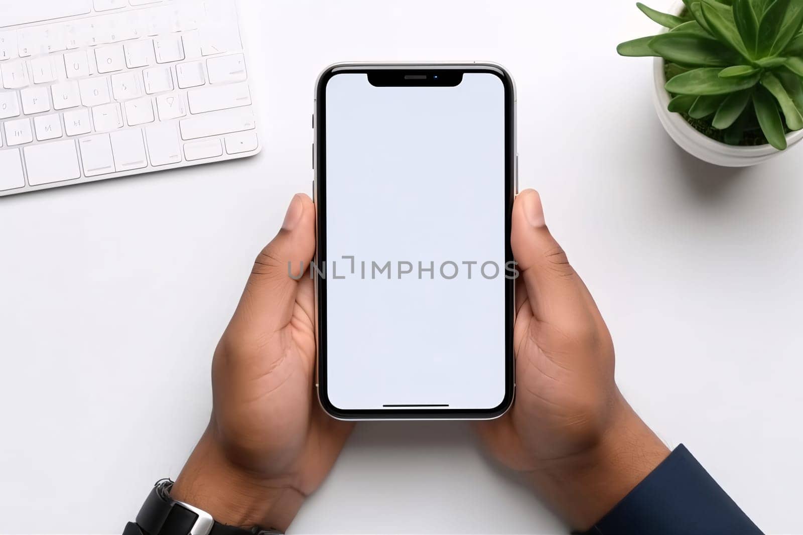 Close-up of a person's hands holding a modern smartphone with a blank screen, suggestive of technology and connectivity.