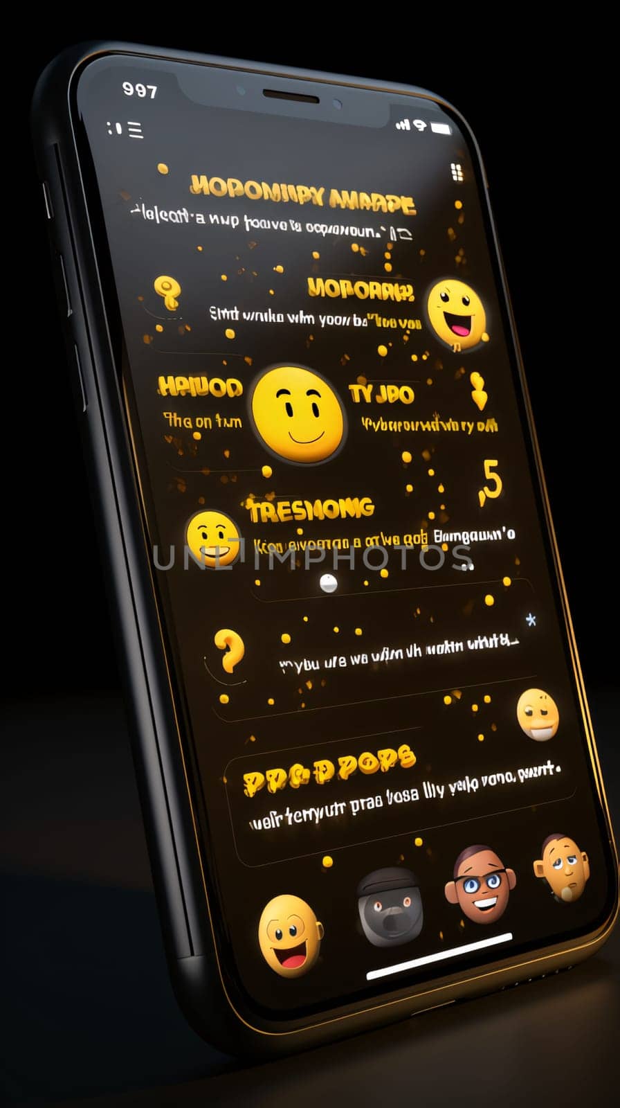Smartphone screen: Smartphone with chat app on the screen. 3D rendering.