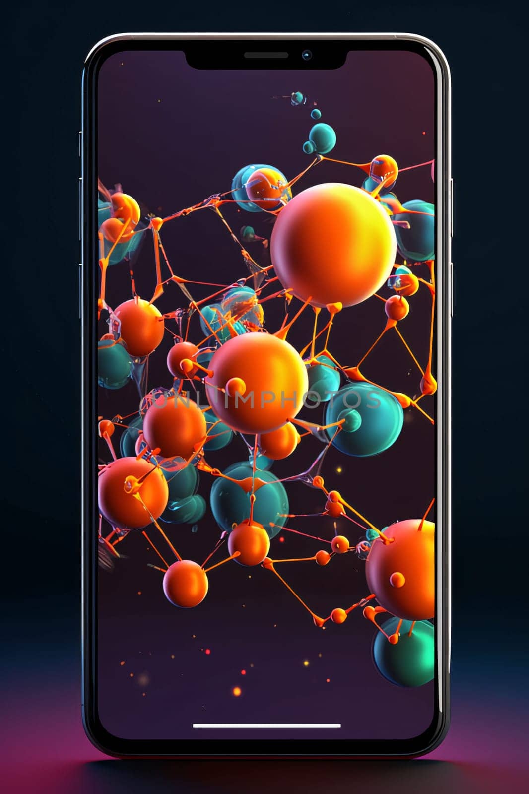Smartphone screen: Modern mobile phone with abstract molecule structure on the screen. Vector illustration.