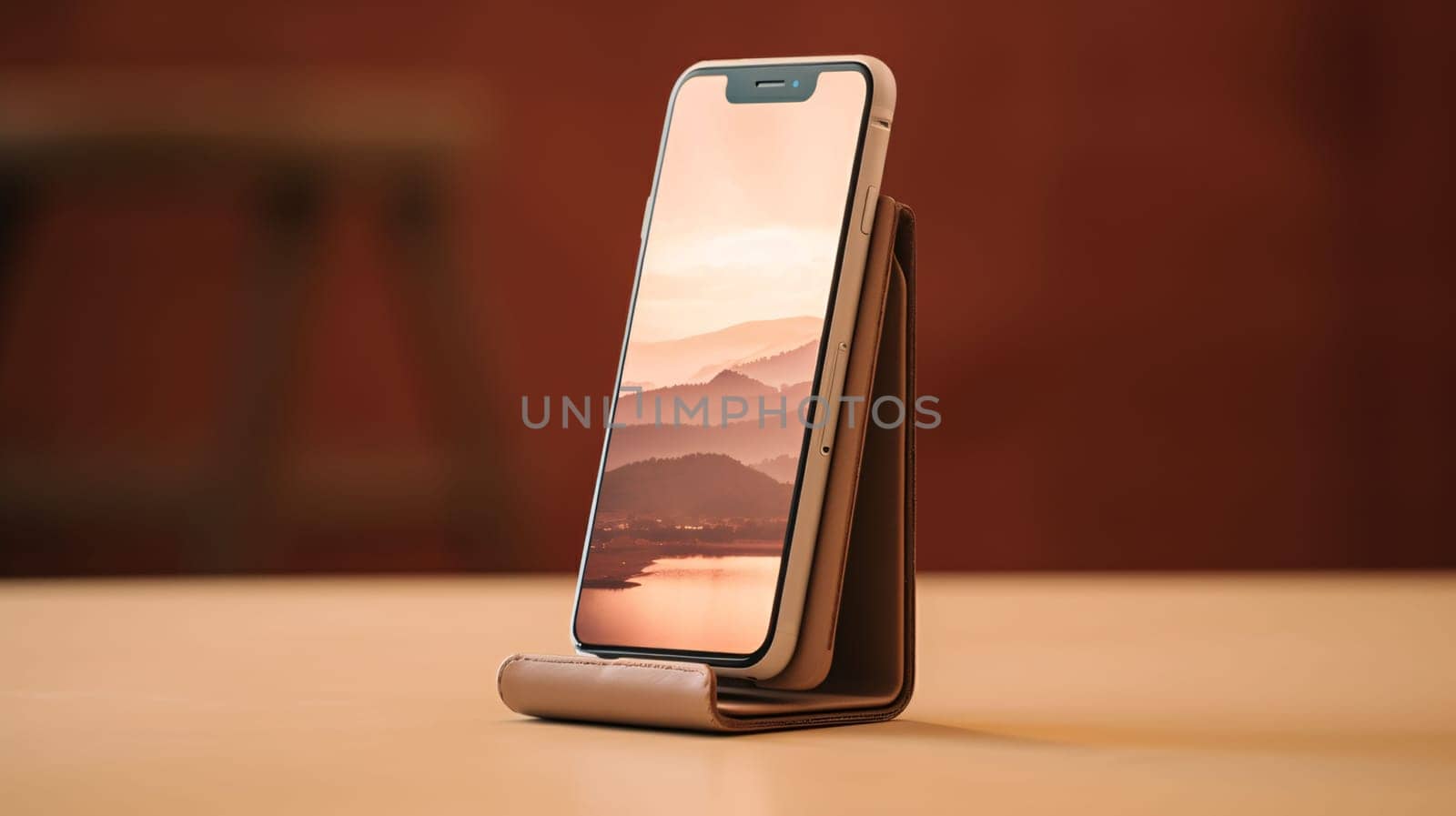 smartphone on wood table with mountain background. 3d rendering. by ThemesS