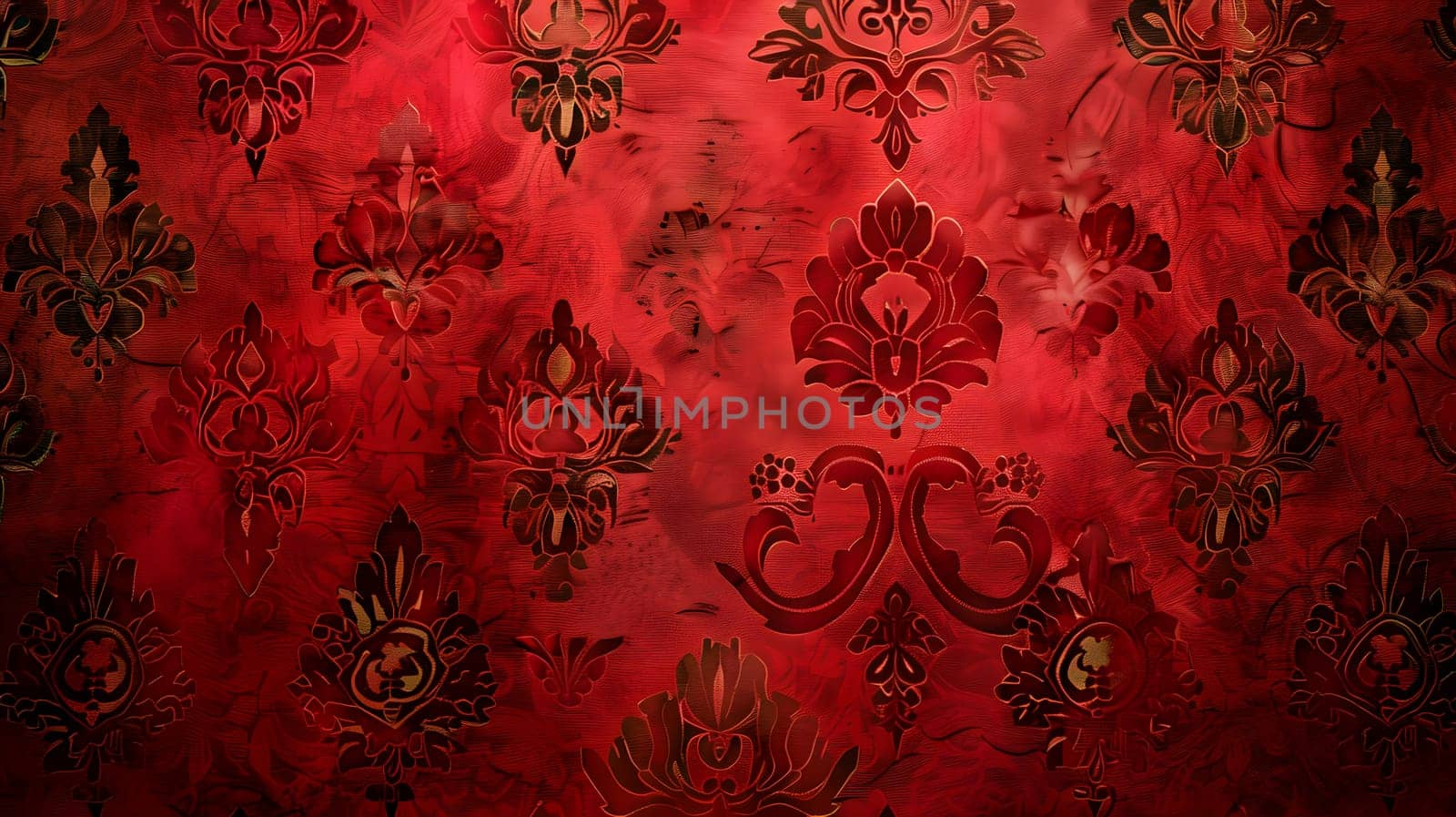 Red wall adorned with black and gold floral pattern by Nadtochiy