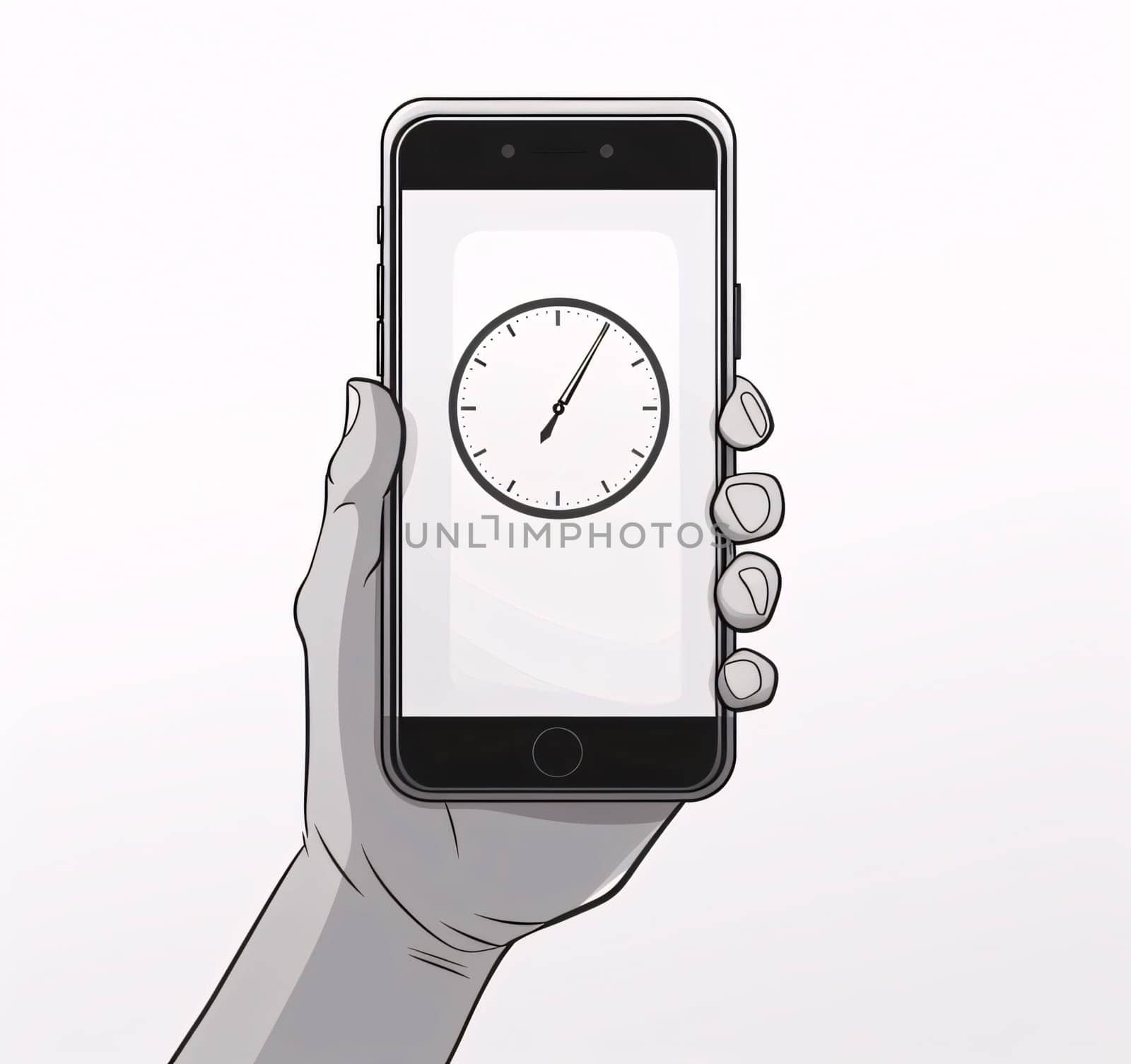 Smartphone screen: hand holding a mobile phone with the clock on the screen, vector illustration