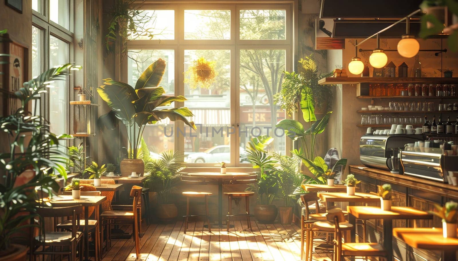 A bright and sunny restaurant with a large potted plant in the corner by AI generated image by wichayada