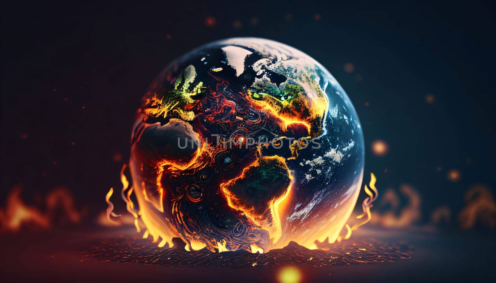 Earth burning in flames. Global warming concept. 3D Rendering by ThemesS