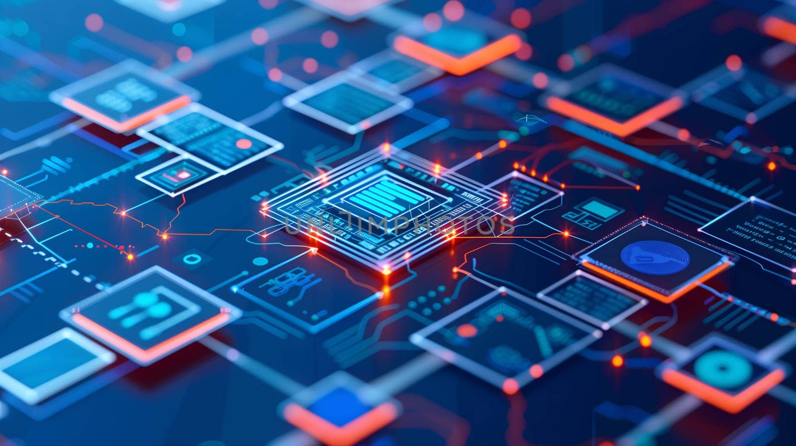 A close-up view highlights the intricate details of microprocessors and circuitry that form the backbone of modern computing technology, with a focus on the complex paths and nodes - Generative AI