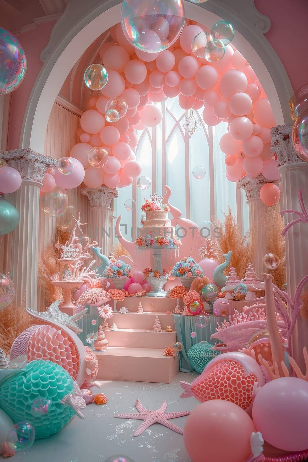 A pink and blue room with a cake and balloons. The room is decorated for a birthday party