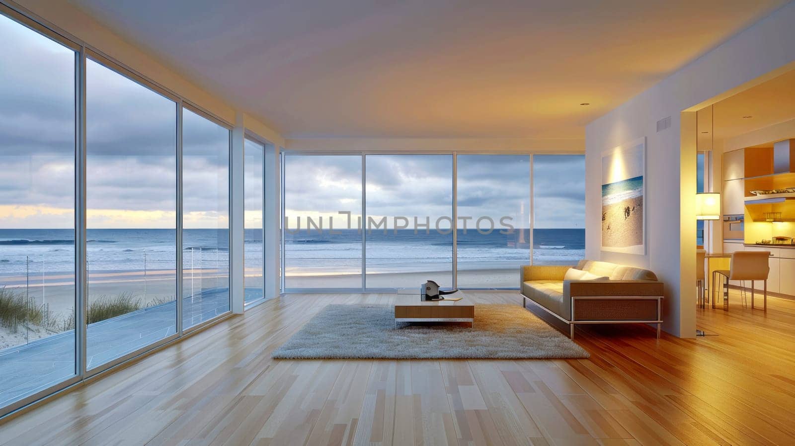 Minimalist bedroom interior with ocean sea view. Modern coastal interior. Summer, travel, vacation, dreams holiday, resort.