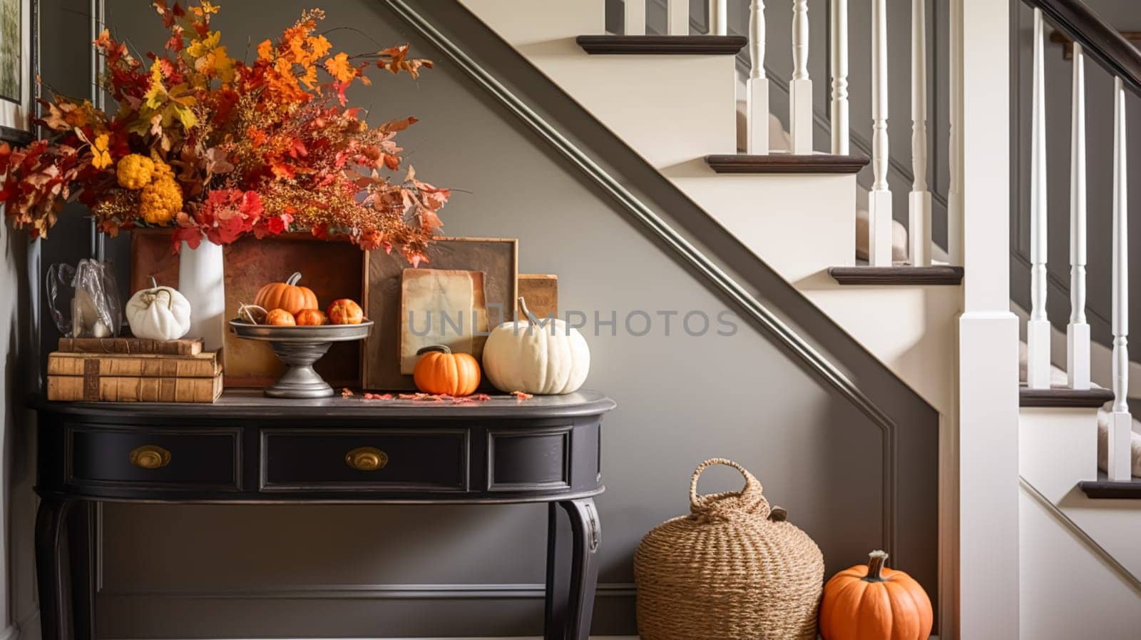 Autumnal hallway decor, interior design and house decoration, welcoming autumn entryway furniture, stairway and entrance hall home decor in an English country house and cottage style idea