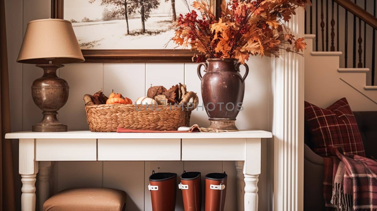 Autumnal hallway decor, interior design and house decoration, welcoming autumn entryway furniture, stairway and entrance hall home decor in an English country house and cottage style idea