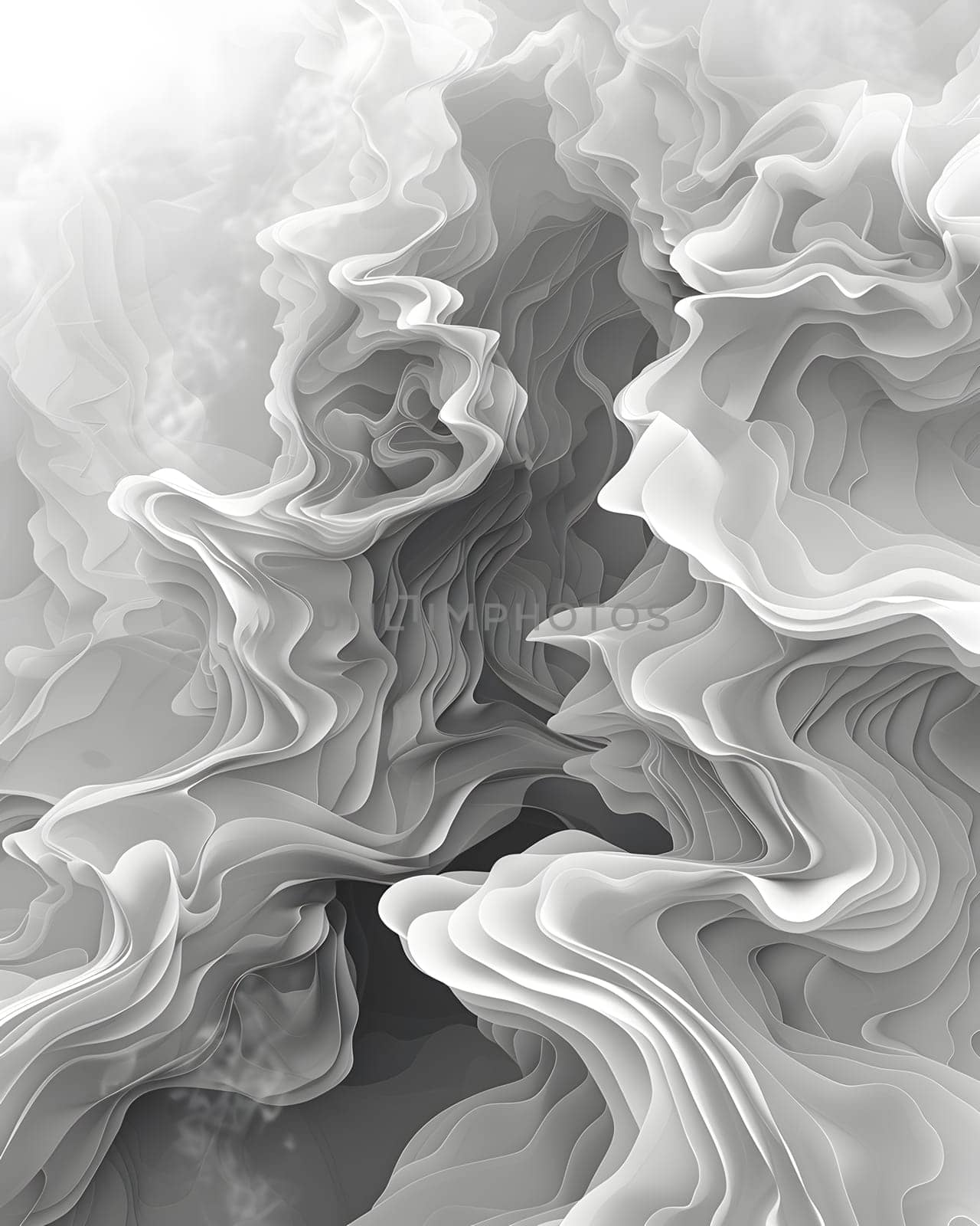 A monochrome photography of a swirling pattern resembling wind waves in liquid, with shades of grey and black creating a beautiful art of petallike shapes