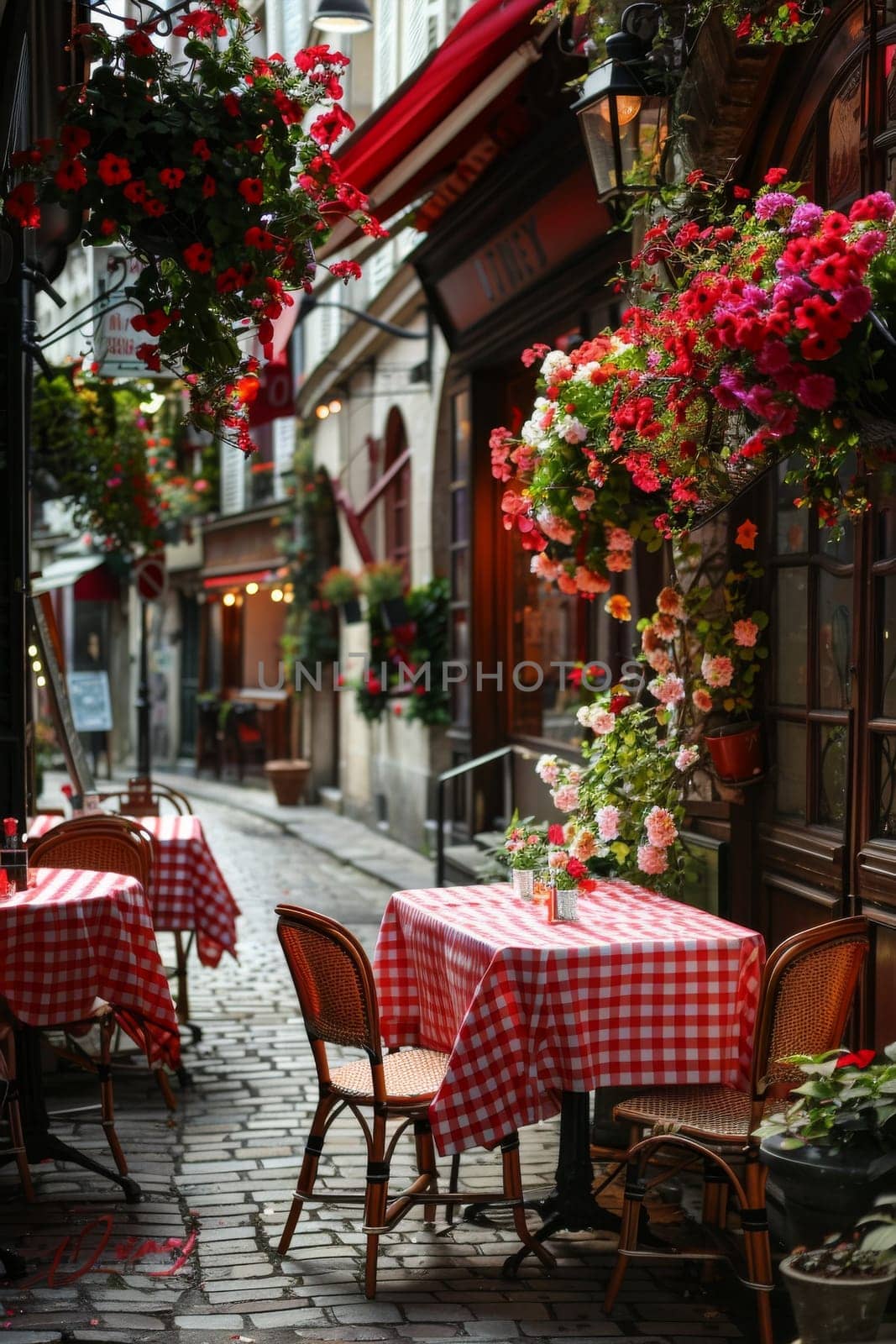 A row of tables with red and white checkered tablecloths and chairs are set up on a cobblestone street. The tables are surrounded by potted plants and flowers, creating a cozy and inviting atmosphere