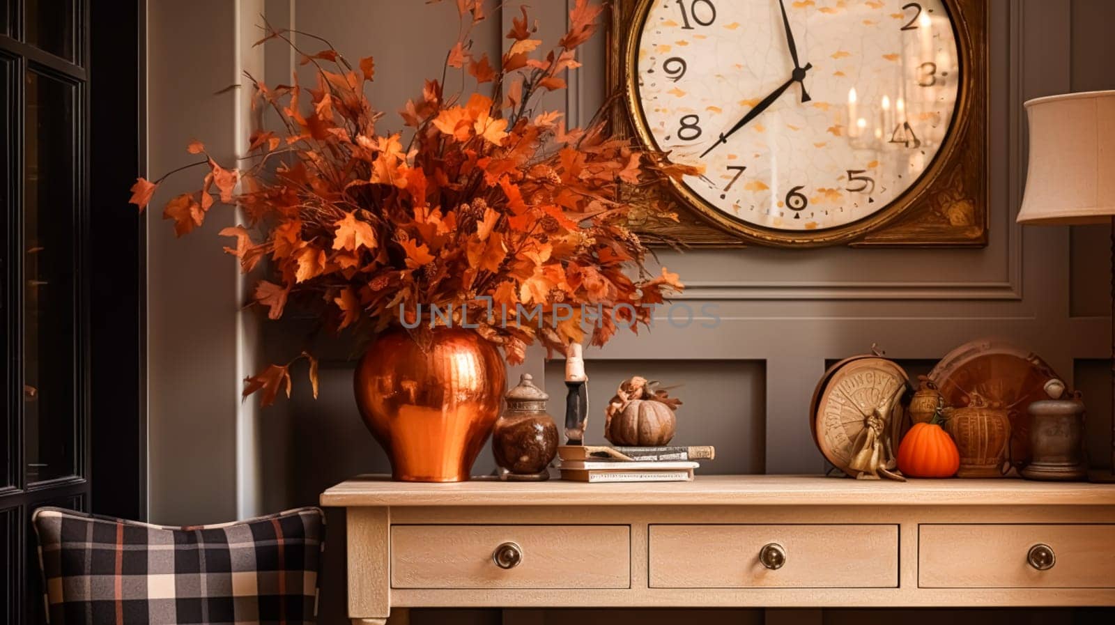 Autumnal hallway decor, interior design and house decoration, welcoming autumn entryway furniture, stairway and entrance hall home decor in an English country house and cottage style idea