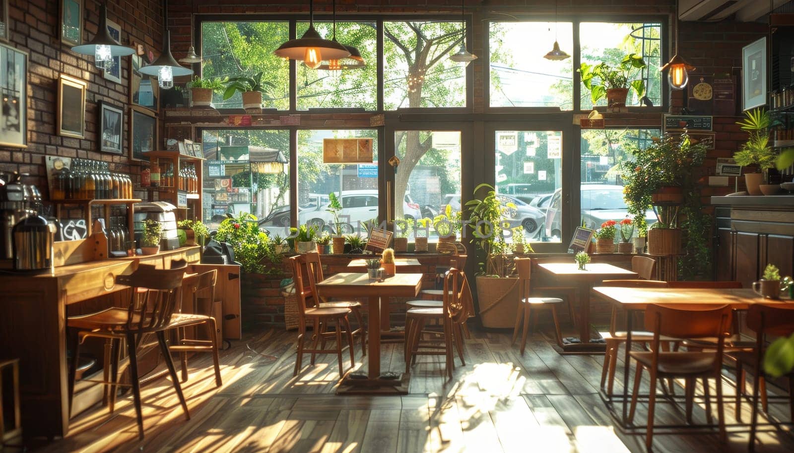 A bright and sunny restaurant with a large potted plant in the corner by AI generated image by wichayada