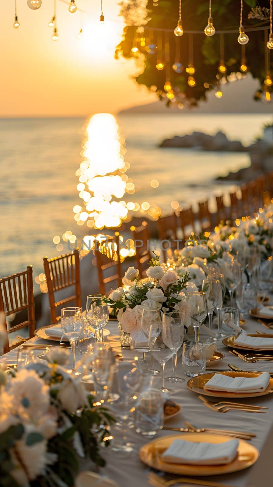 Long table set for wedding reception with ocean view at sunset by Nadtochiy