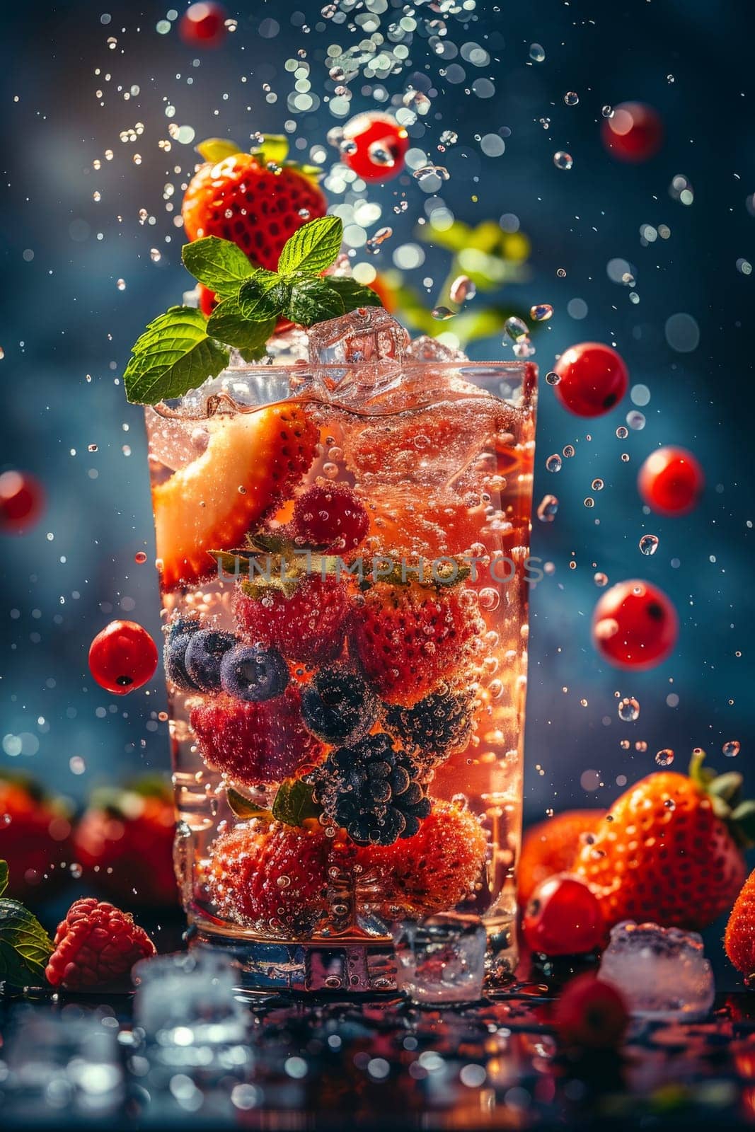 A glass of fruit punch with ice and berries. The drink is full of fruit and ice, and the berries are floating in the drink