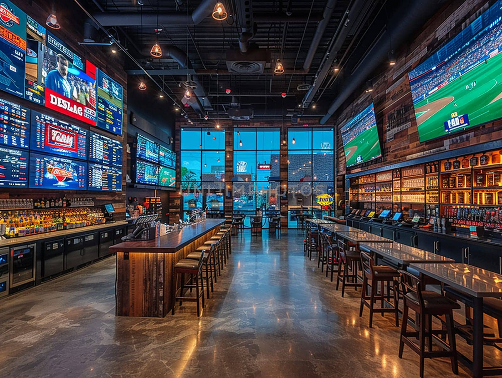 Dynamic sports bar with large screens and memorabilia displays by Benzoix