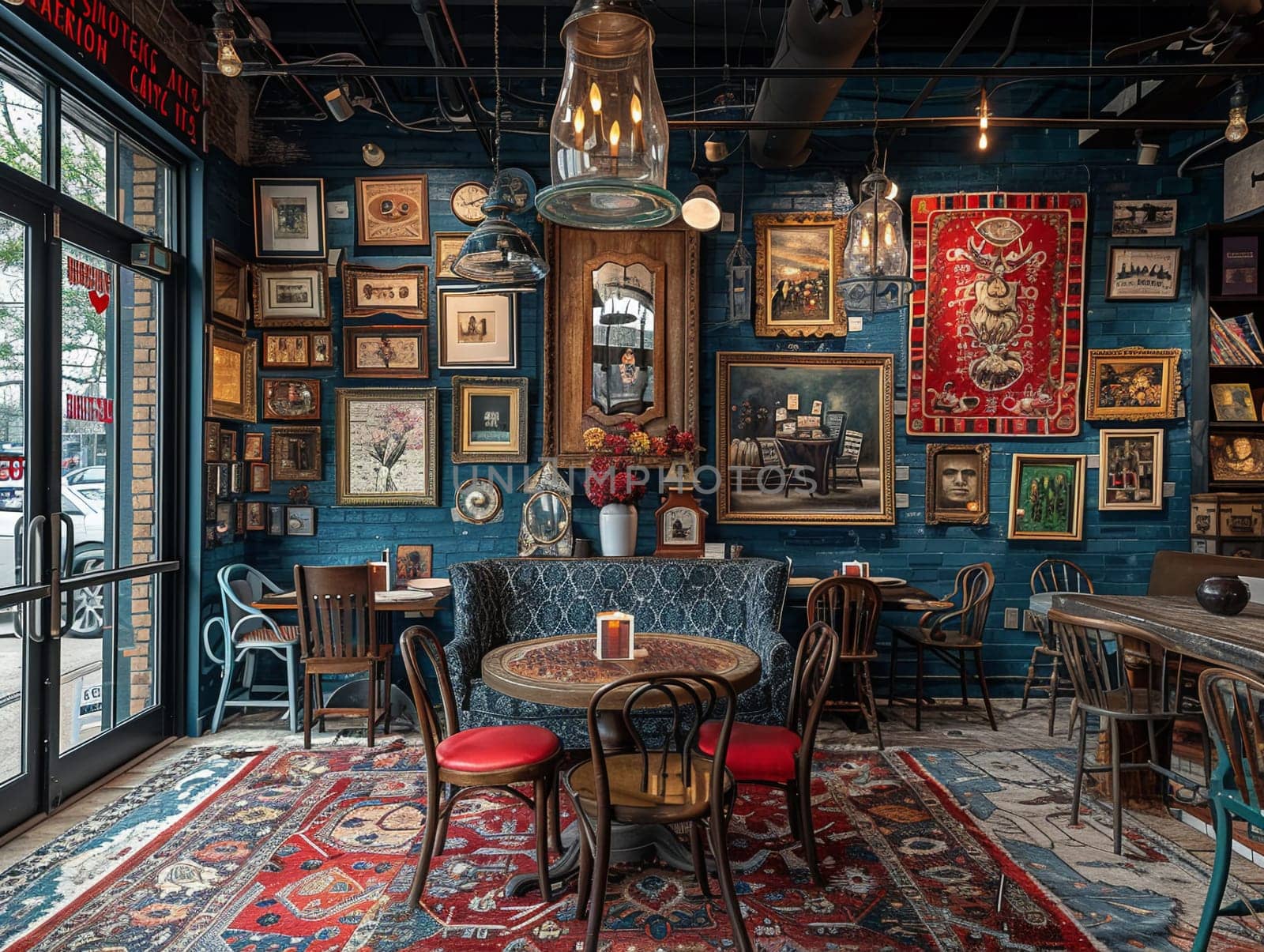 Eclectic bistro with mismatched furniture and a collection of art by Benzoix