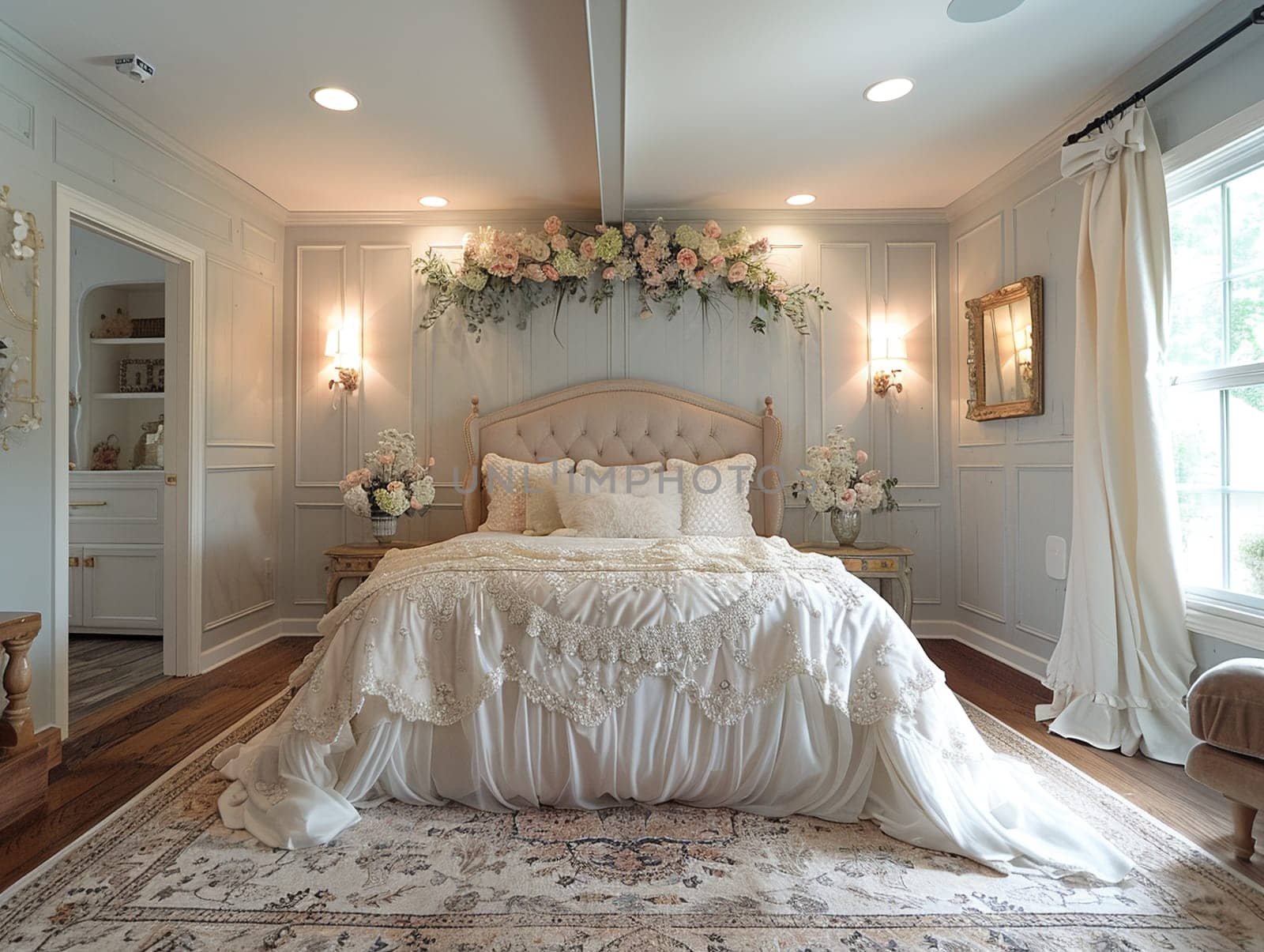 Elegant bridal suite with soft lighting and delicate decor by Benzoix