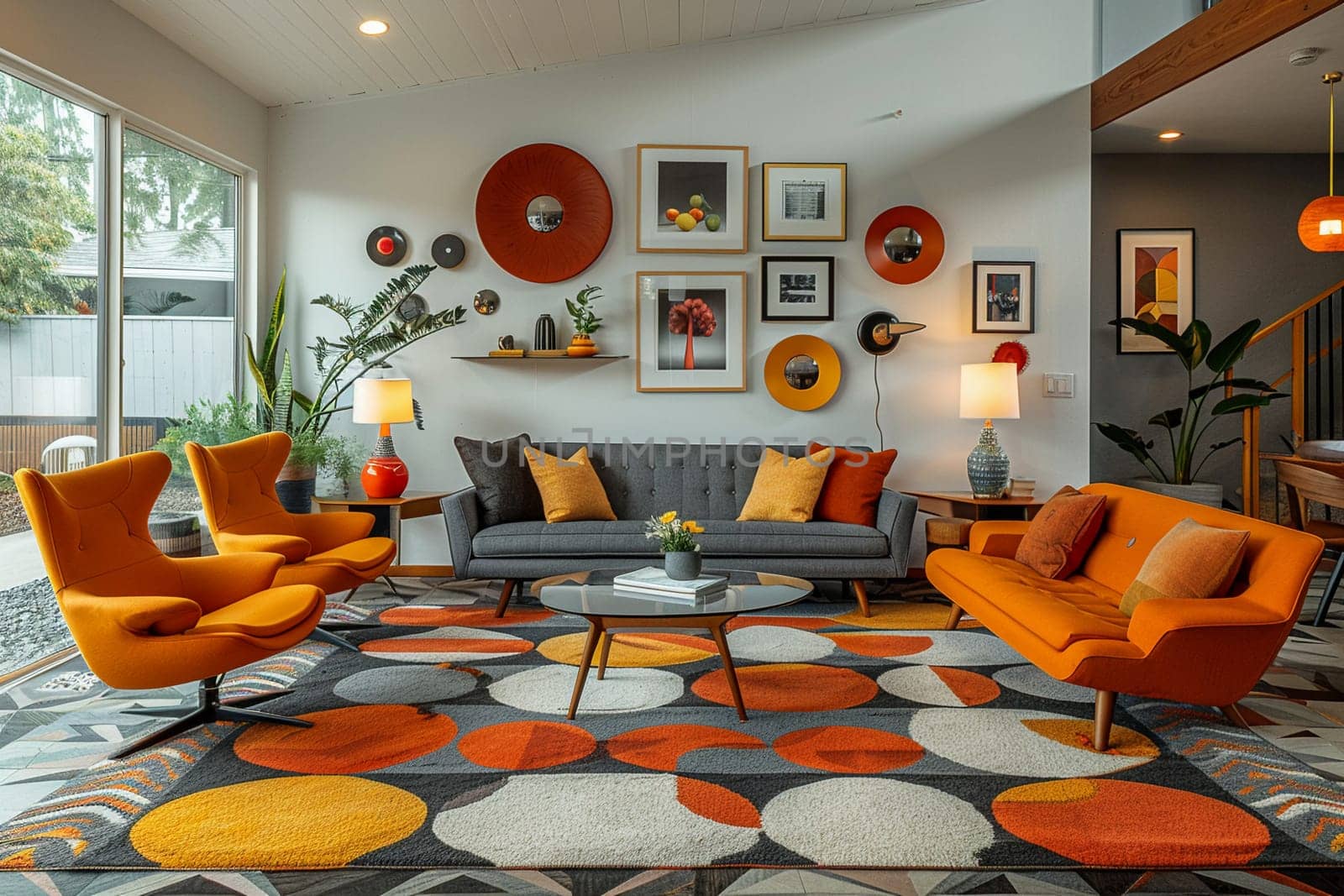 Mid-century modern living room with iconic furniture and geometric patterns