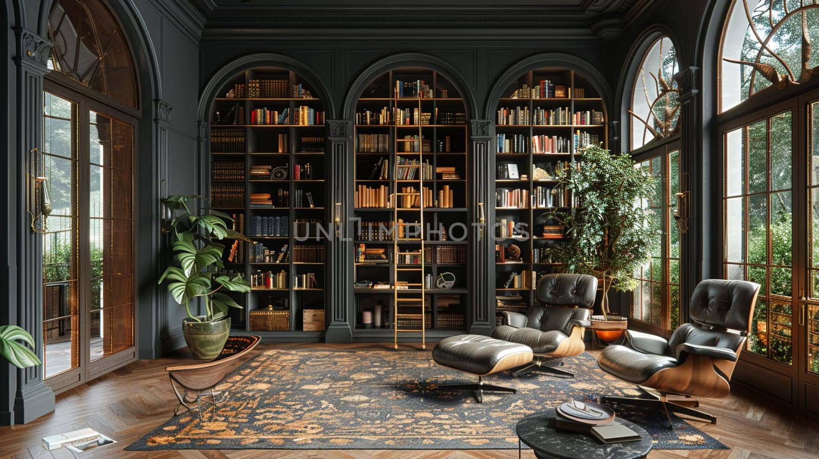 Moody home library with dark shelves, a ladder, and a comfortable leather chair