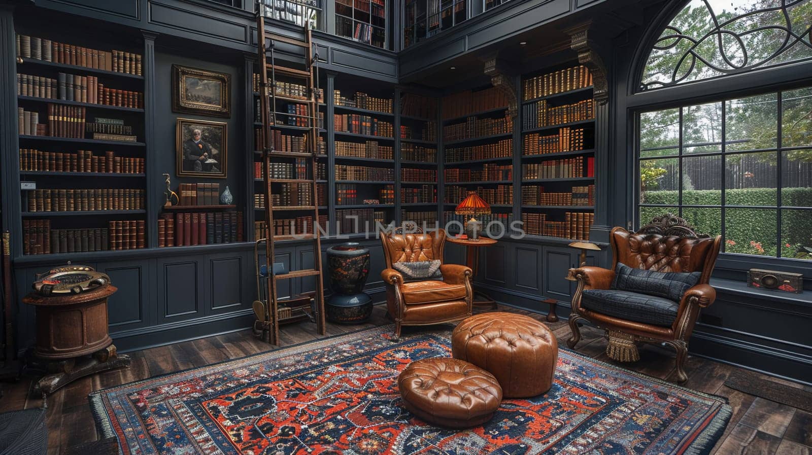 Moody home library with dark shelves a ladder by Benzoix
