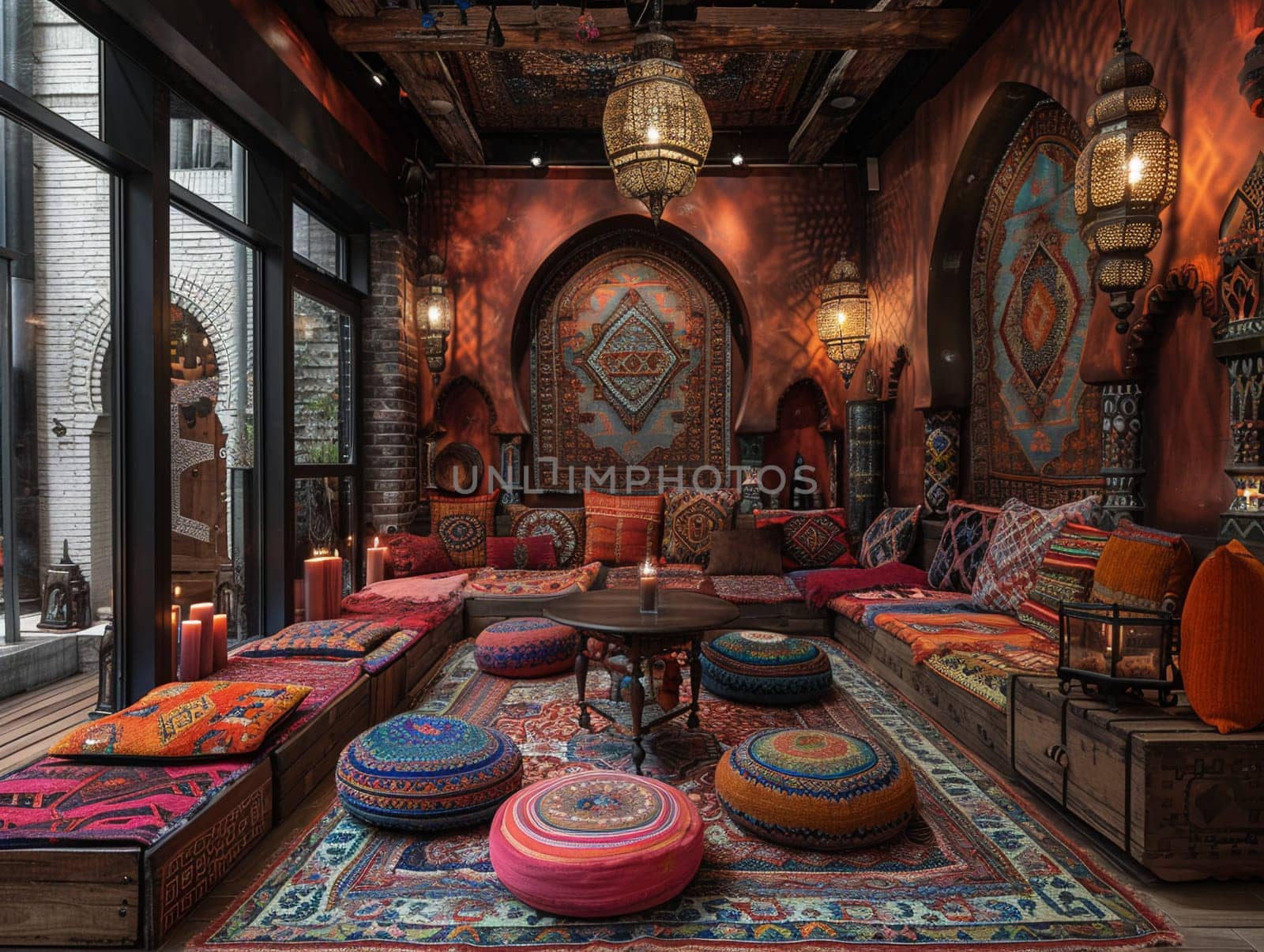 Moroccan-style lounge with rich colors lanterns by Benzoix