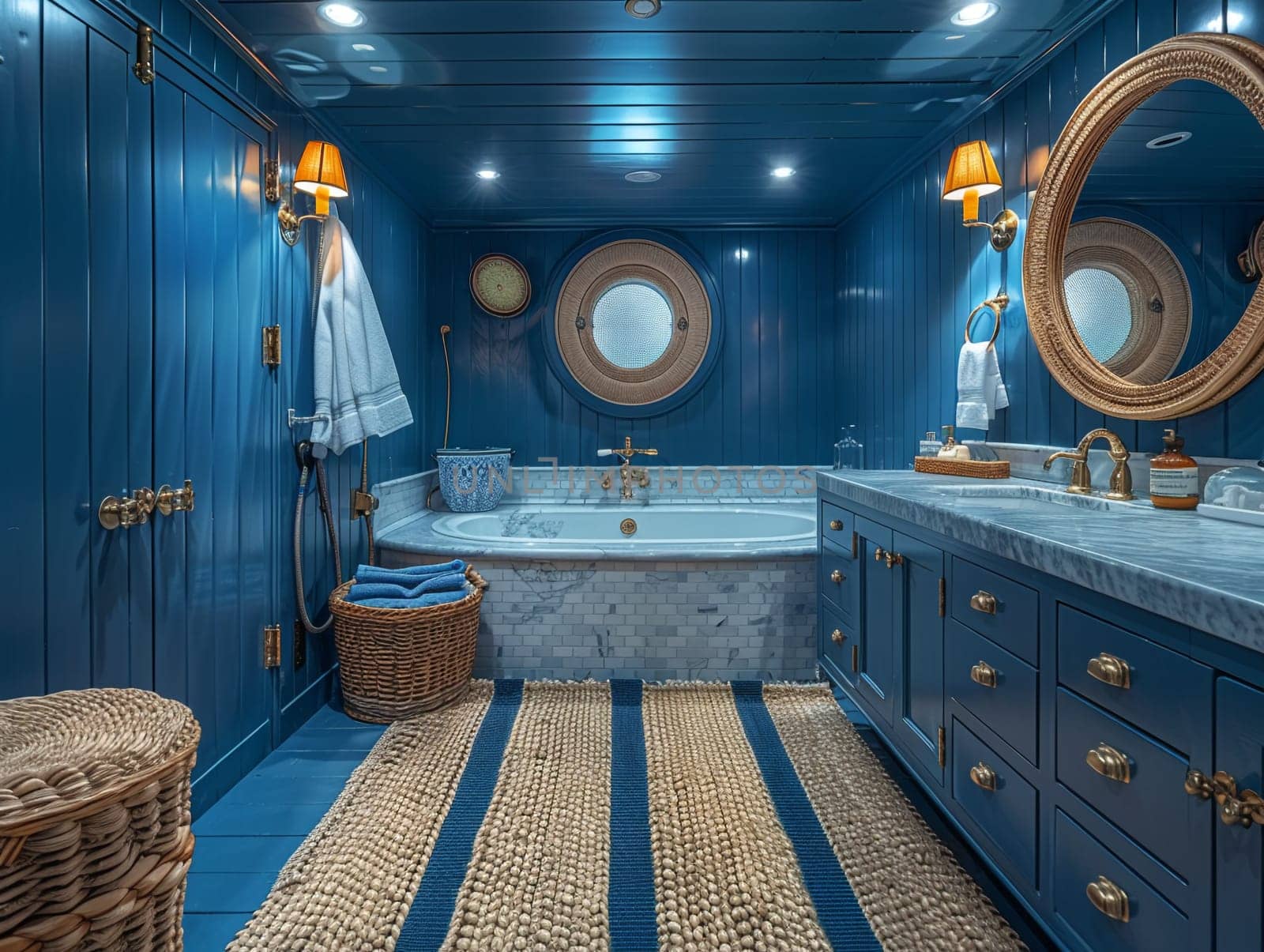 Nautical-themed bathroom with navy stripes and brass fixtures by Benzoix