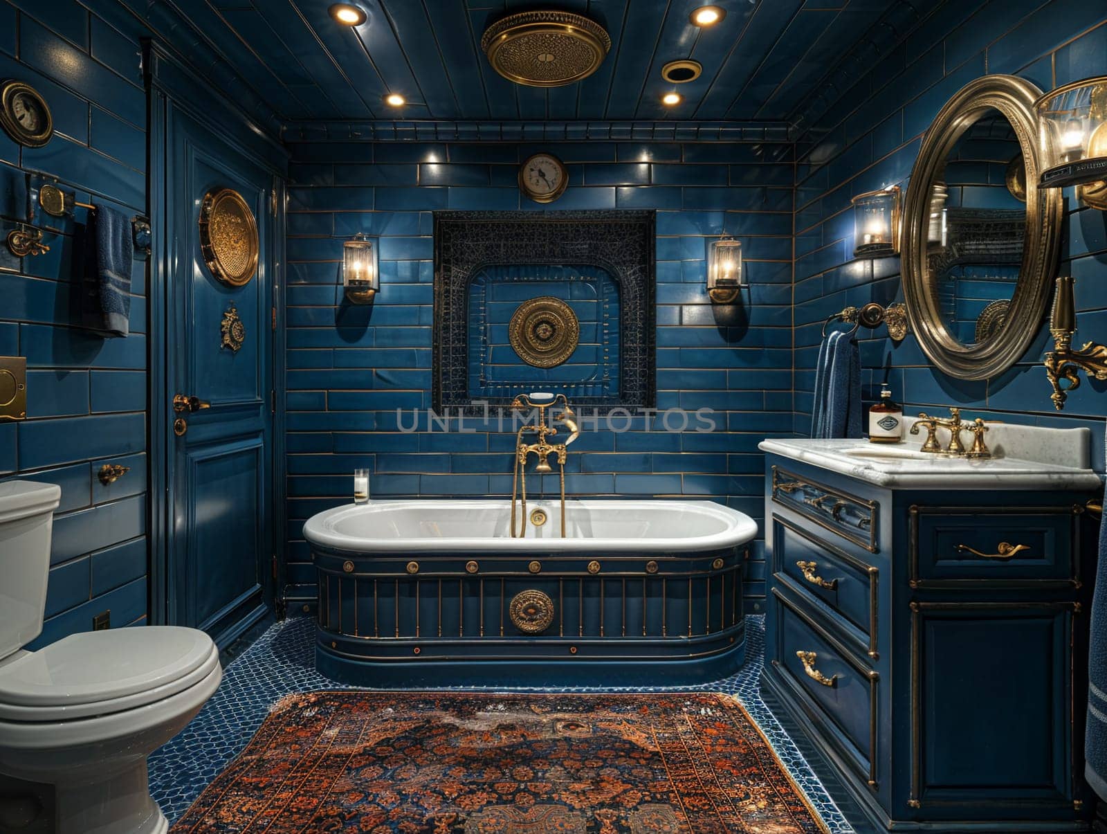 Nautical-themed bathroom with navy stripes and brass fixtures