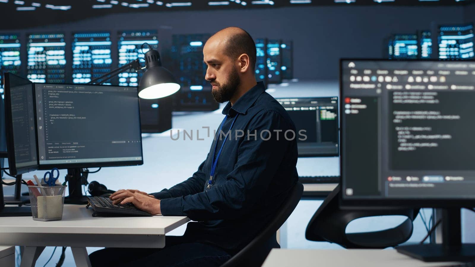 Programmer overseeing supercomputers tasked with solving data operations by DCStudio