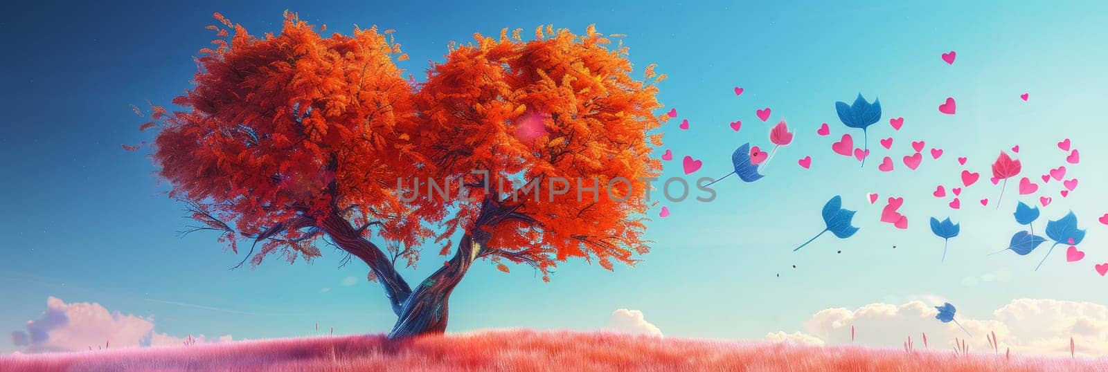 A tree with a heart on it is surrounded by pink flowers and butterflies by AI generated image by wichayada
