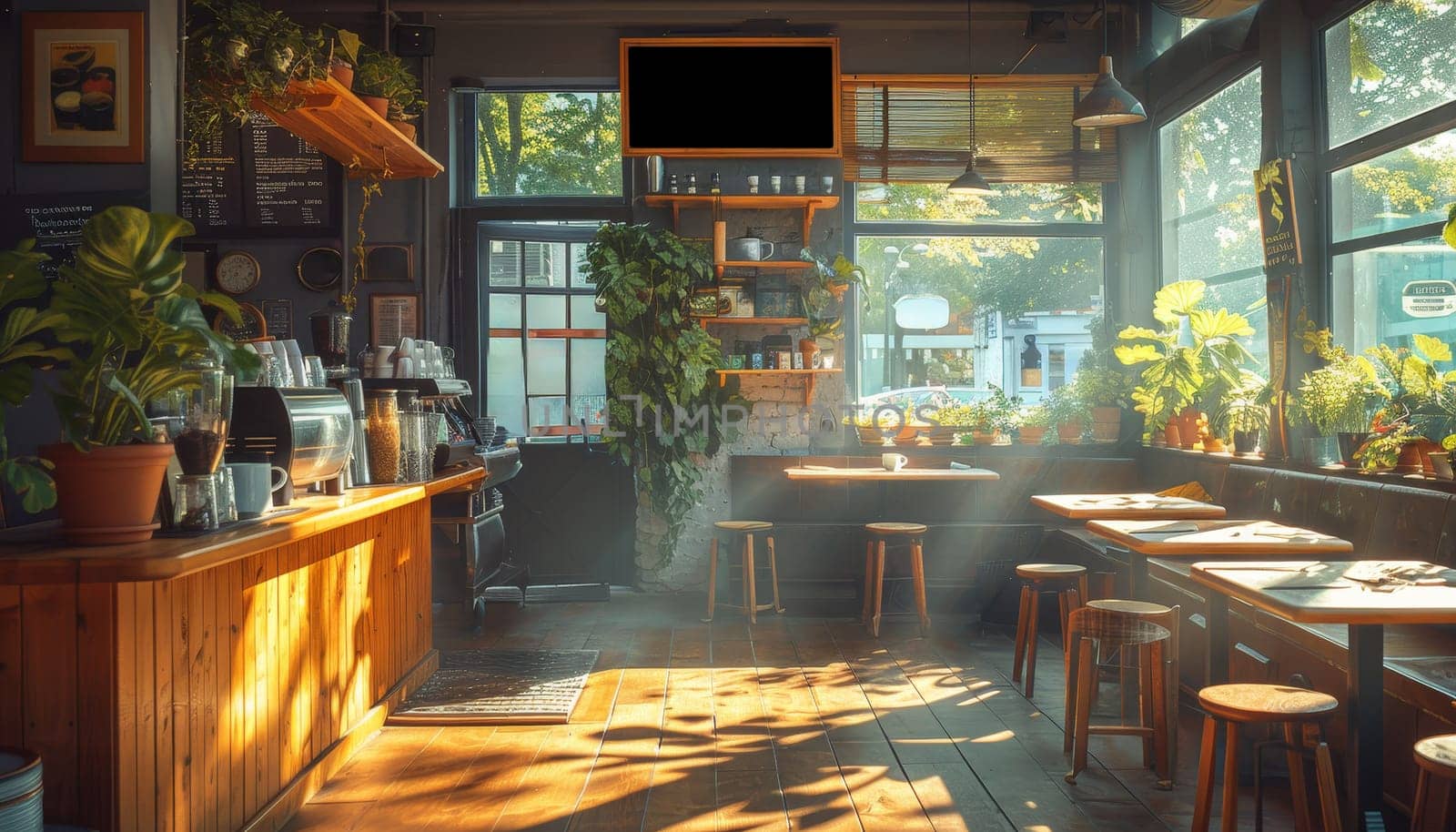 A bright and sunny restaurant with a large potted plant in the corner by AI generated image.