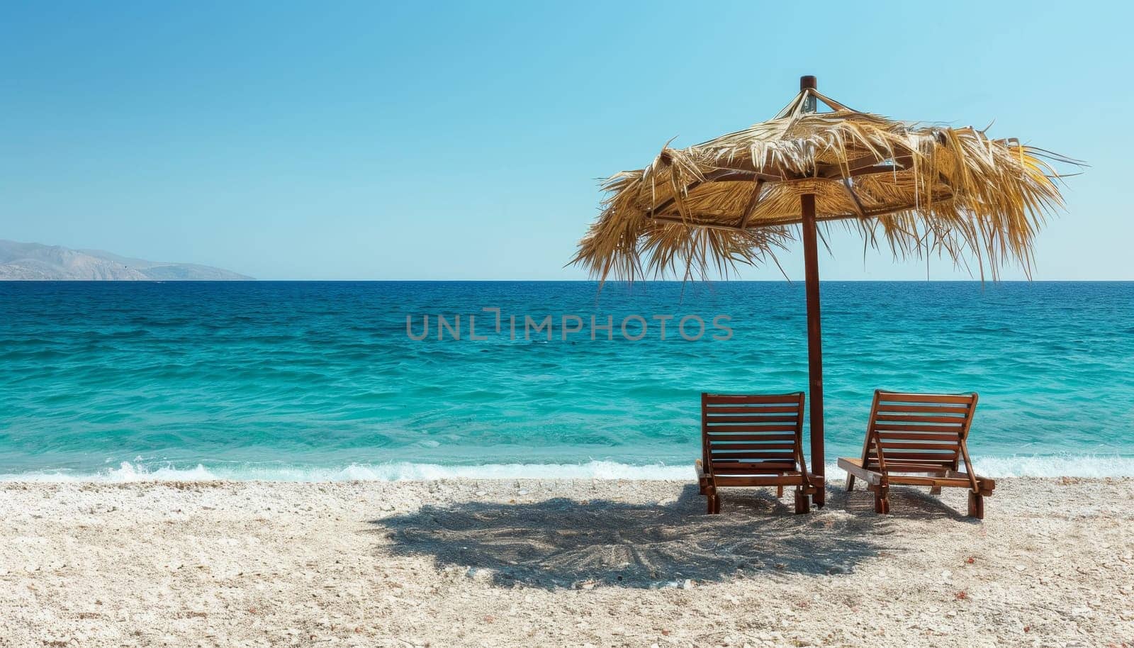 A beach scene with two beach chairs and a beach umbrella by AI generated image.