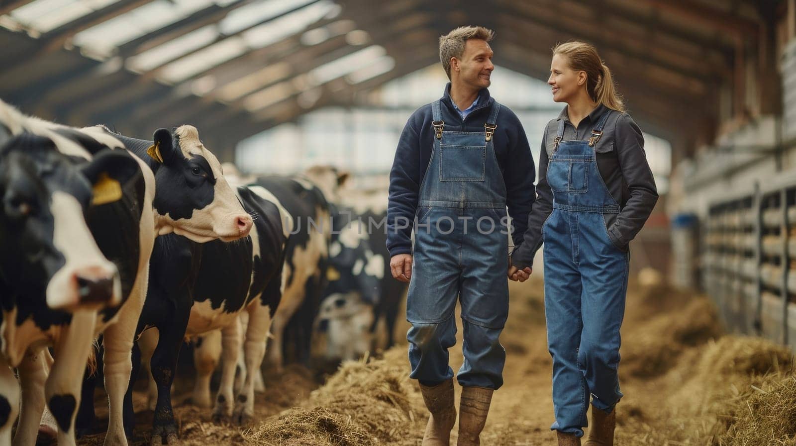 A man and woman are walking through a barn with cows. Scene is peaceful and romantic