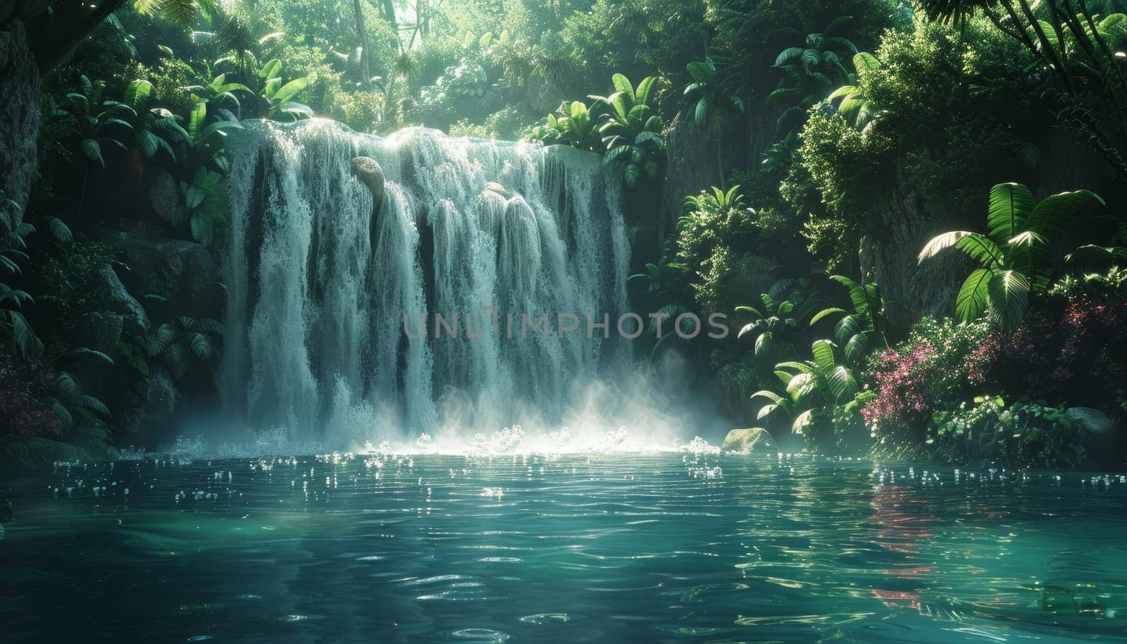 A beautiful waterfall is surrounded by lush green trees and a calm lake by AI generated image by wichayada