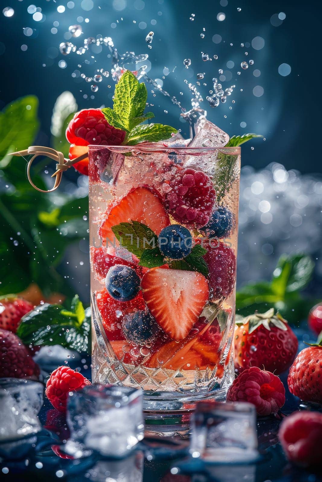 A glass of fruit punch with ice cubes and raspberries. The drink is served in a tall glass with a metal ring on top. The drink is garnished with fresh raspberries and mint leaves