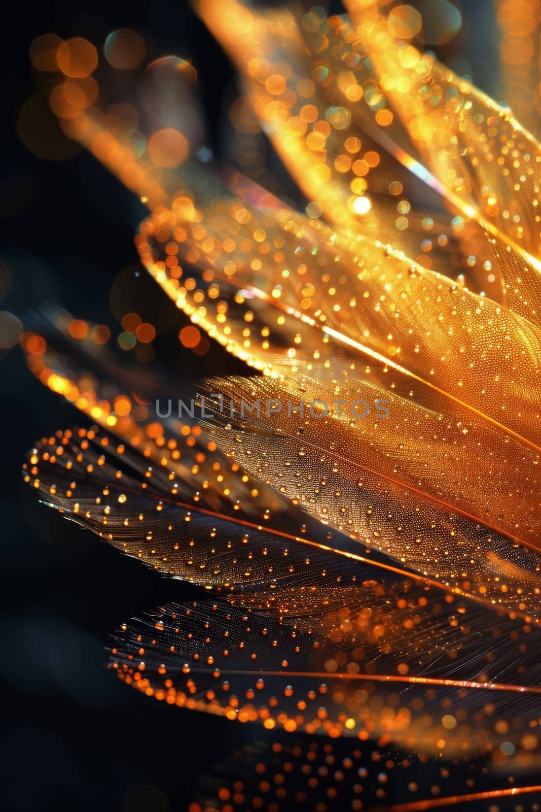 A close up of a feathery flower with a lot of sparkles. The image has a dreamy, ethereal quality to it, with the feathers appearing to be made of gold and the sparkles adding a sense of magic