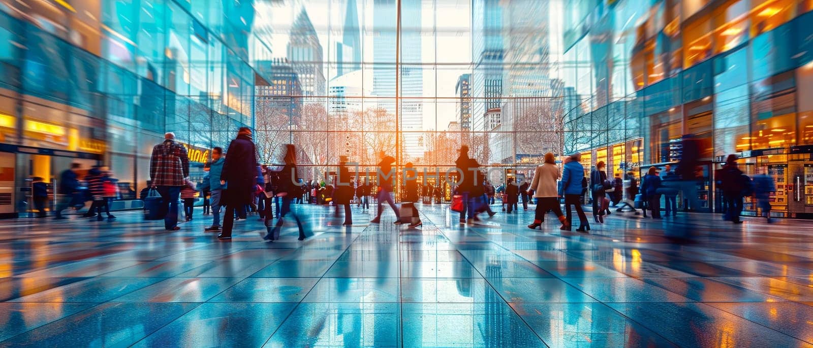 A busy airport with people walking around and carrying luggage by AI generated image.